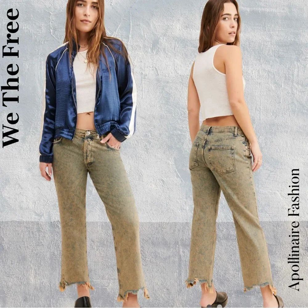 We The Free Maggie Midrise Cropped Distressed Jeans in Tan Navy Size 27 NWT